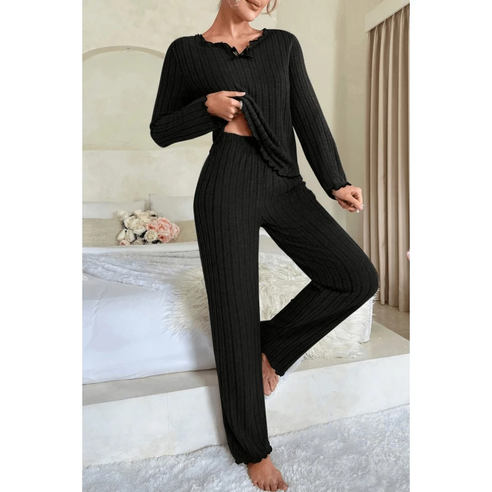 Kadın Siyah Uzun Kollu Fiyonklu Yuvarlak Yaka Mevsimlik Pijama Takımı