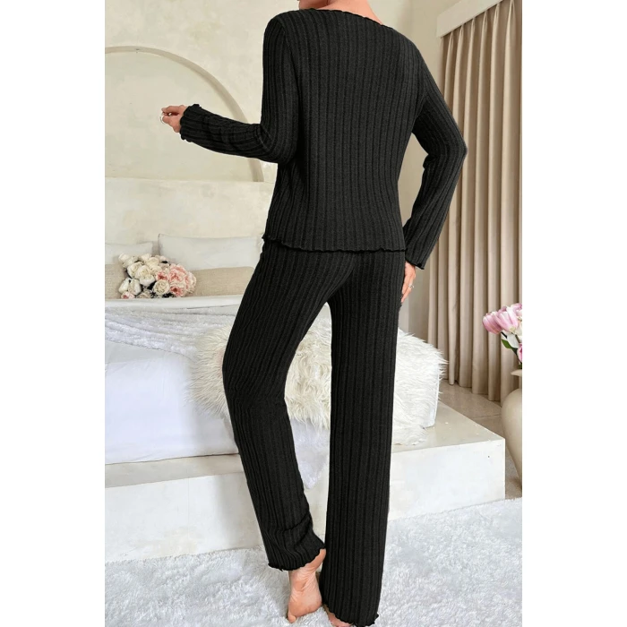 Kadın Siyah Uzun Kollu Fiyonklu Yuvarlak Yaka Mevsimlik Pijama Takımı