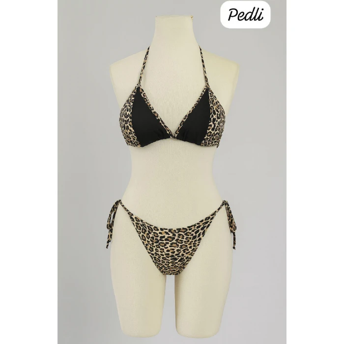 Kadın Siyah ve Leopar Detaylı Yandan Bağlamalı Bikini Takımı
