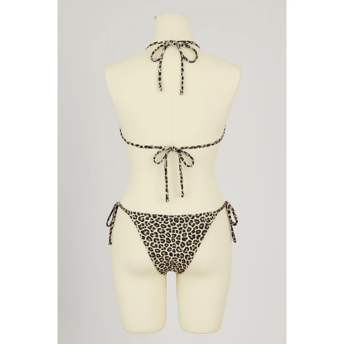 Kadın Siyah Ve Leopar Detaylı Yandan Bağlamalı Bikini Takımı