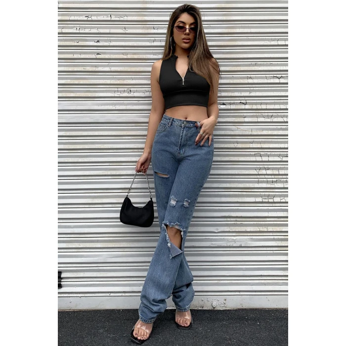 Kadın Siyah Yarım Fermuarlı Sıfır Kol Crop Top Bluz