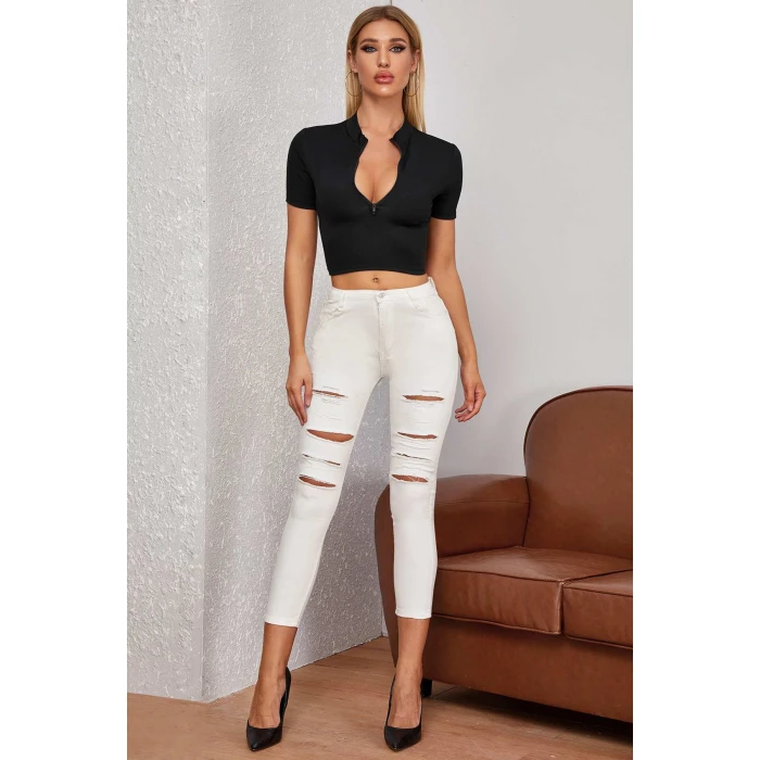 Kadın Siyah Yarım Fermuarlı Ve Kısa Kollu Crop Top Bluz