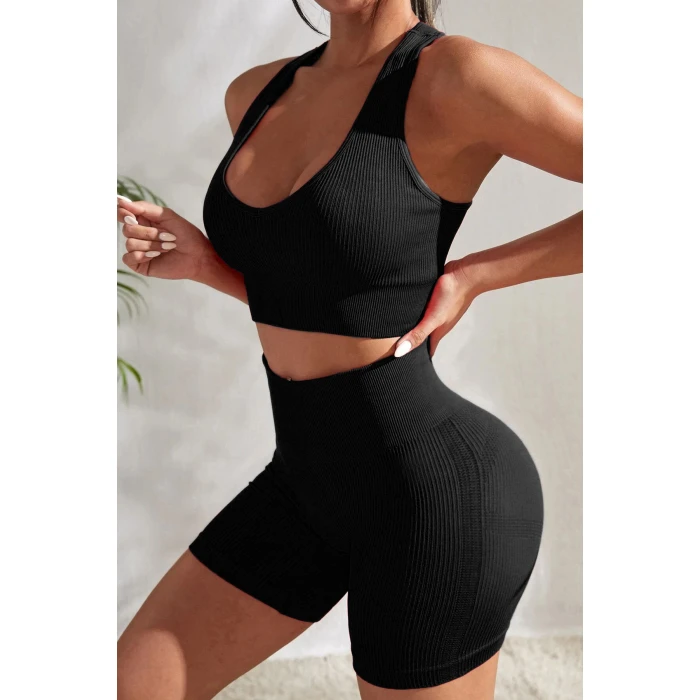 Kadın Siyah Yüksek Bel Çapraz Sırt Detaylı Şortlu Gecelik Takım