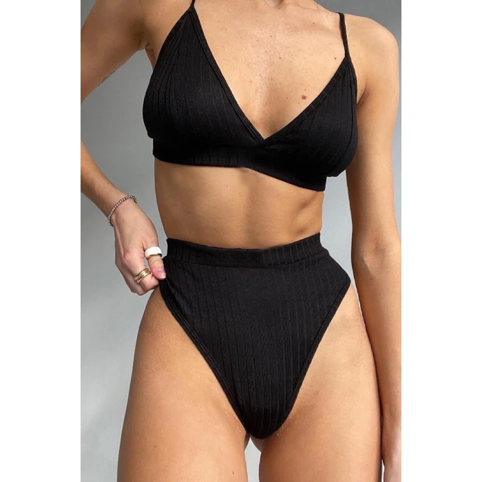 Kadın Siyah Yüksek Bel Dolgusuz Slip Takım