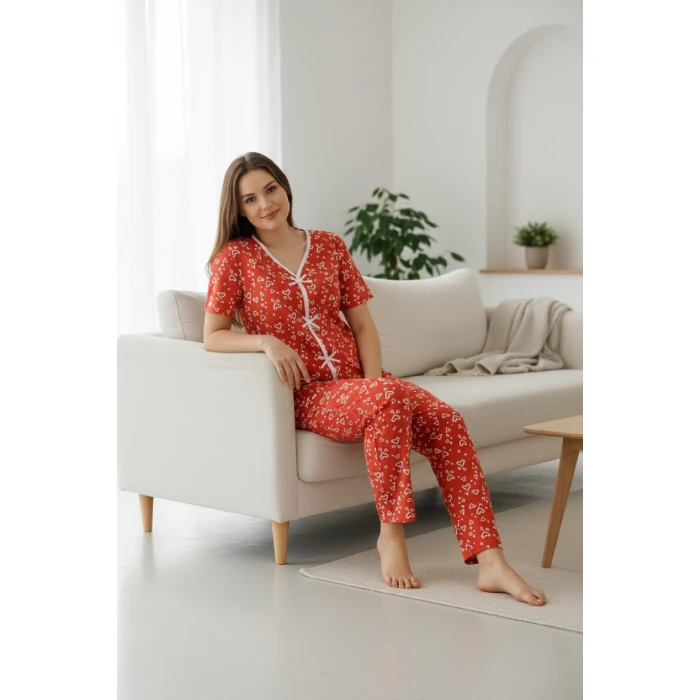 Kadın Turuncu Kalp Desenli Fiyonklu Kısa Kollu Uzun Pijama Takımı