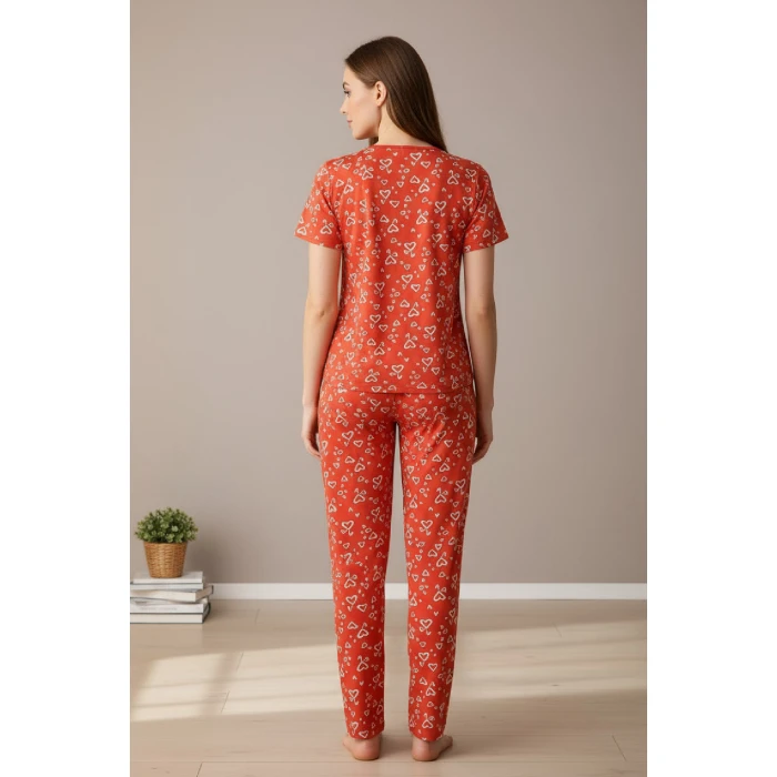 Kadın Turuncu Kalp Desenli Fiyonklu Kısa Kollu Uzun Pijama Takımı