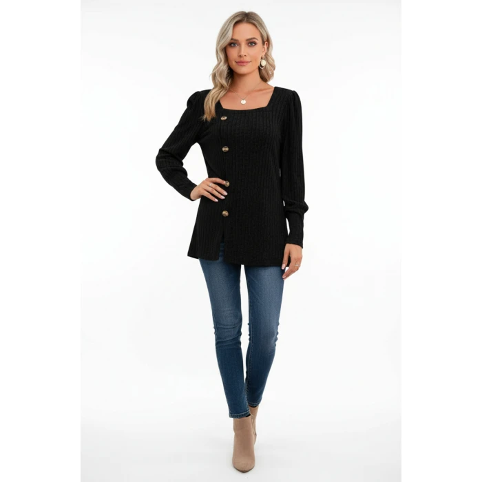 Kadın Uzun Kollu Düğmeli Mevsimlik Bluz – Yumuşak Dokulu, Esnek ve Sıcak Tutan Kumaş