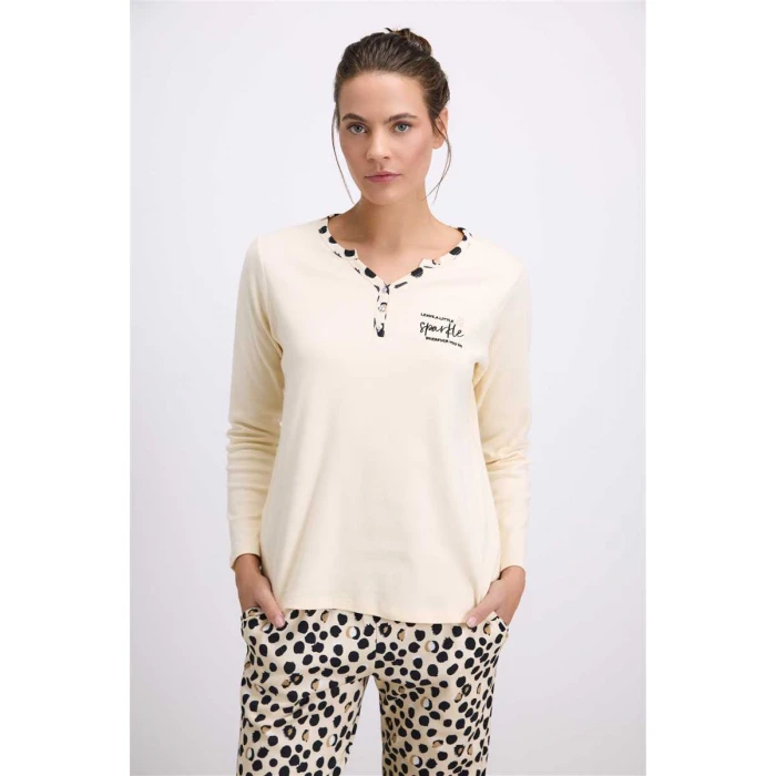 Kadın Uzun Kollu T-shirt Ve Pantolon Pijama Takımı – % Pamuk, Leopar Desen Detaylı