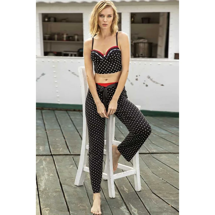 Kadın Viskon Balenli Destekli Dolgulu Puantiyeli Büstiyer Ve Pantolon Pijama Takım