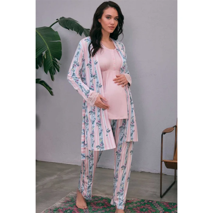 Kadın Viskon Hamile Lohusa Dantelli Sabahlık Önden Açılan Emzirme T-shirt Ve Pantolon Pijama 3lü Takım