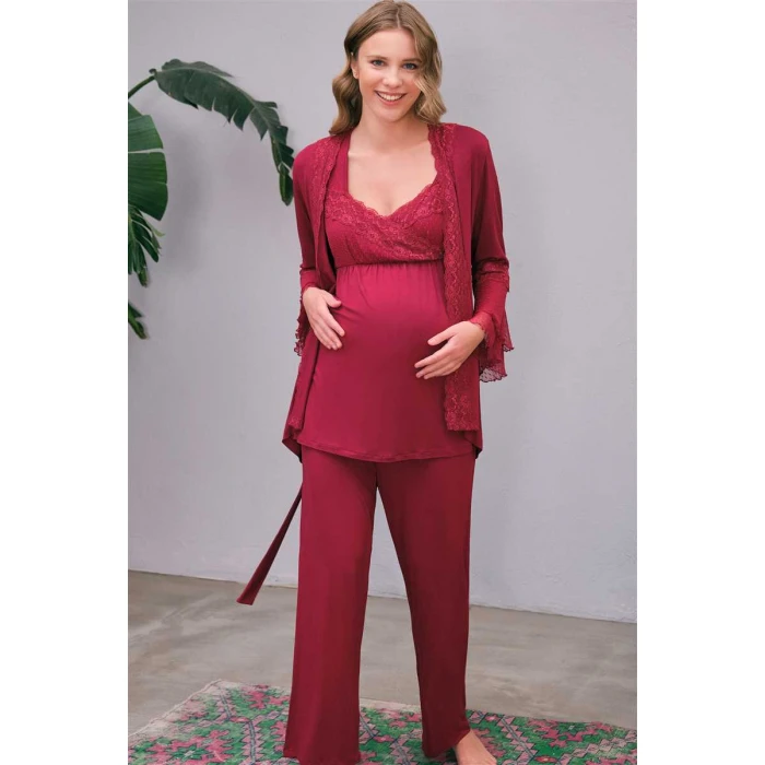 Kadın Viskon Hamile Lohusa Dantelli Sabahlık Önden Açılan Emzirme T-shirt Ve Pantolon Pijama 3lü Takım