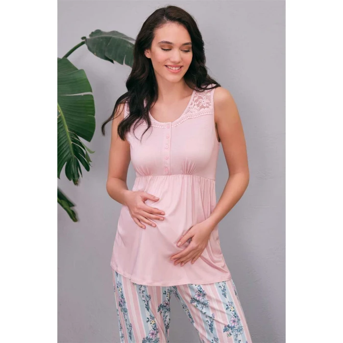 Kadın Viskon Hamile Lohusa Dantelli Sabahlık Önden Açılan Emzirme T-shirt Ve Pantolon Pijama 3lü Takım