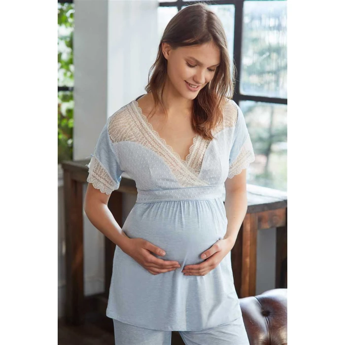 Kadın Viskon Hamile Lohusa Dantelli Sabahlık Önden Açılan Emzirme T-shirt Ve Pantolon Pijama 3lü Takım