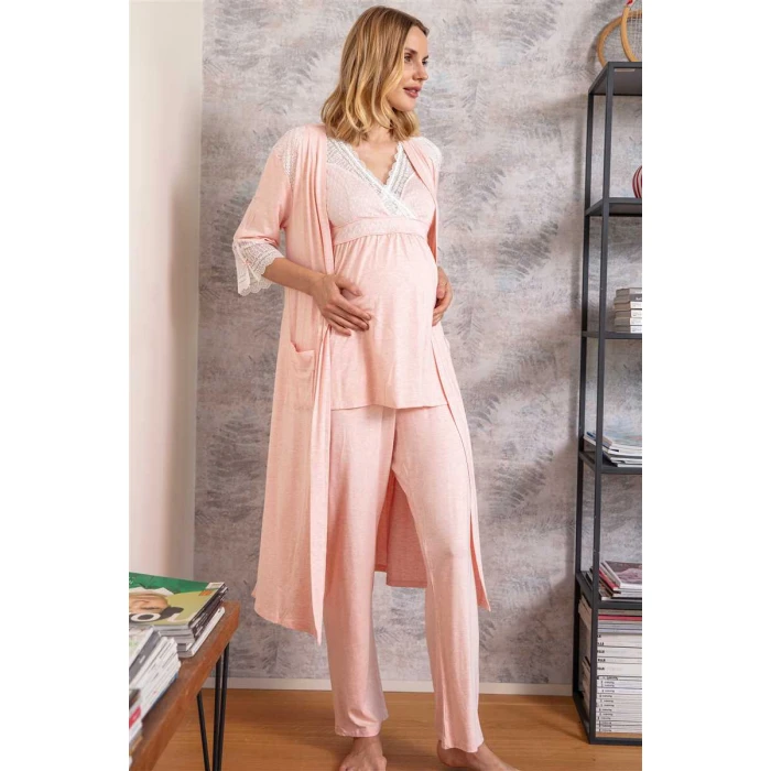 Kadın Viskon Hamile Lohusa Dantelli Sabahlık Önden Açılan Emzirme T-shirt Ve Pantolon Pijama 3lü Takım