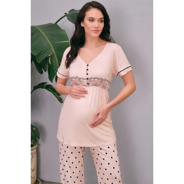 Kadın Viskon Hamile Lohusa Puantiyeli Sabahlık Önden Açılan Dantelli Emzirme T-shirt Ve Pantolon Pijama 3lü Takım