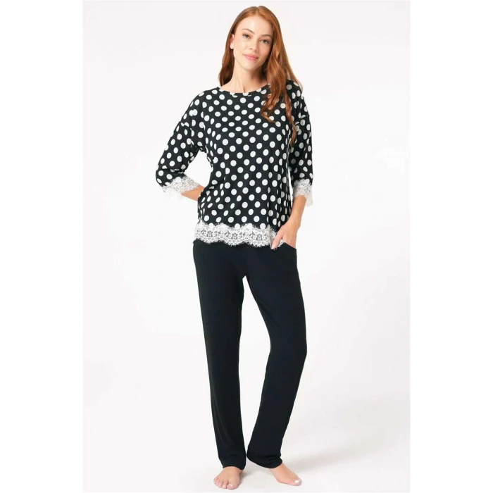 Kadın Viskon Puantiyeli Uzun Kol Dantelli Sweatshirt Ve Pantolon Pijama Takım