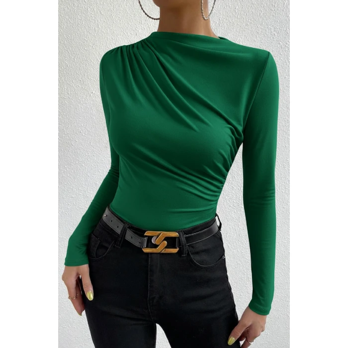 Kadın Yeşil Belden ve Boyundan Büzgü Detaylı Uzun Kollu Bluz