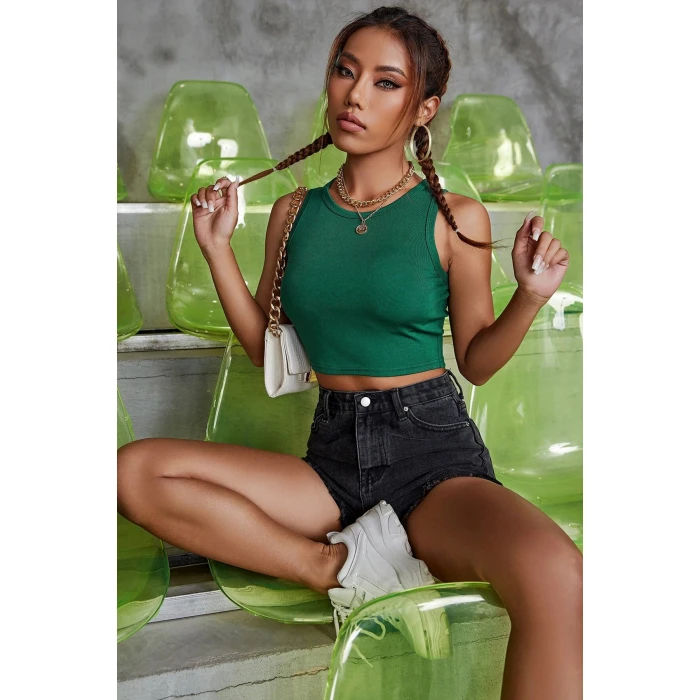 Kadın Yeşil Kare Yaka Crop Top Bluz