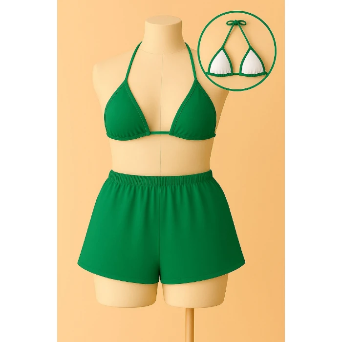 Kadın Yeşil Şortlu Belden ve Boyundan Bağlamalı Bikini Takımı