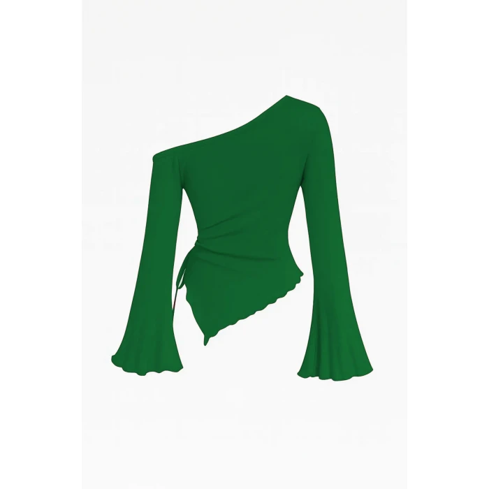 Kadın Yeşil Uzun İspanyol Kollu Asimetirik Yaka Yandan Bağlamalı Drapeli Bluz