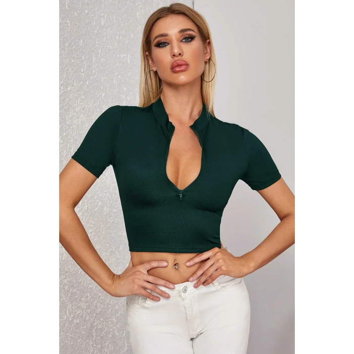 Kadın Yeşil Yarım Fermuarlı Ve Kısa Kollu Crop Top Bluz