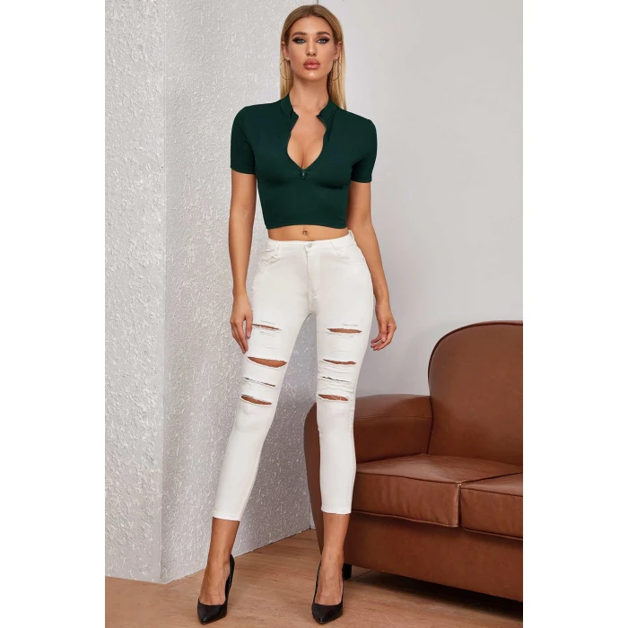 Kadın Yeşil Yarım Fermuarlı Ve Kısa Kollu Crop Top Bluz