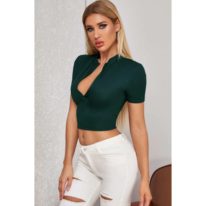 Kadın Yeşil Yarım Fermuarlı ve Kısa Kollu Crop Top Bluz