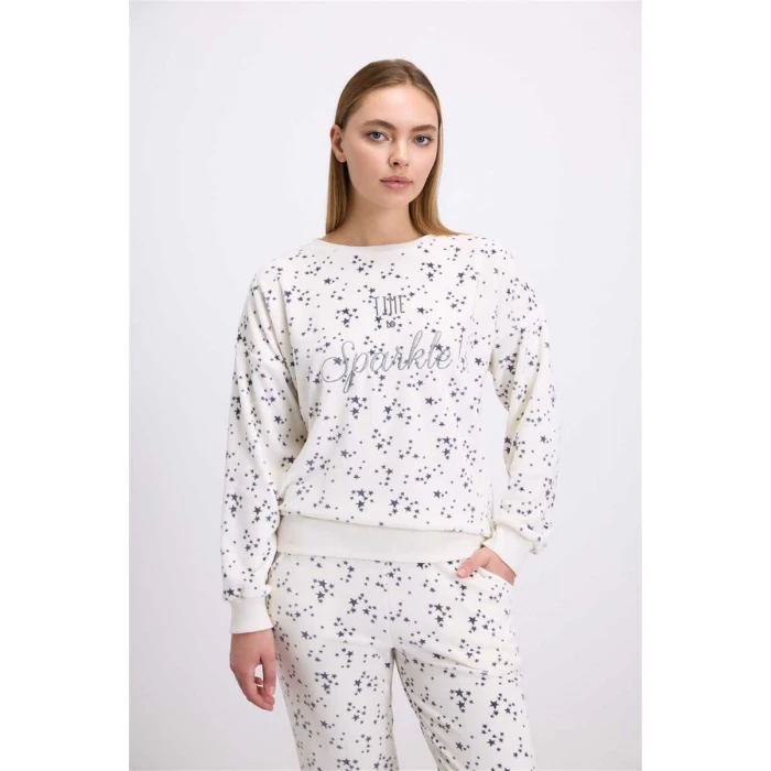 Kadın Yıldız Desenli Tencel Pamuklu Sweatshirt Ve Pantolon Takımı