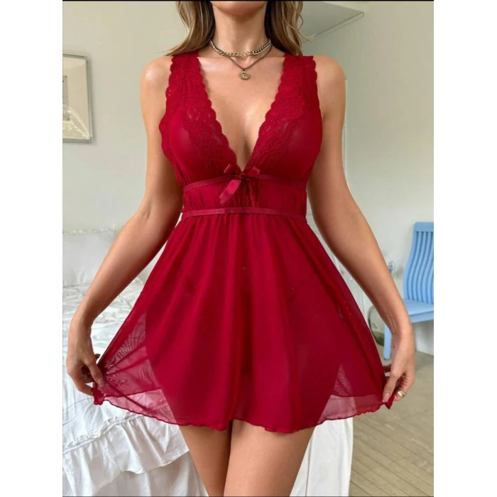 Kırmızı Dantel İşlemeli Tül Fantezi Gecelik