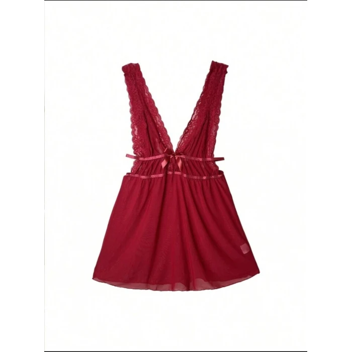 Kırmızı Dantel İşlemeli Tül Fantezi Gecelik