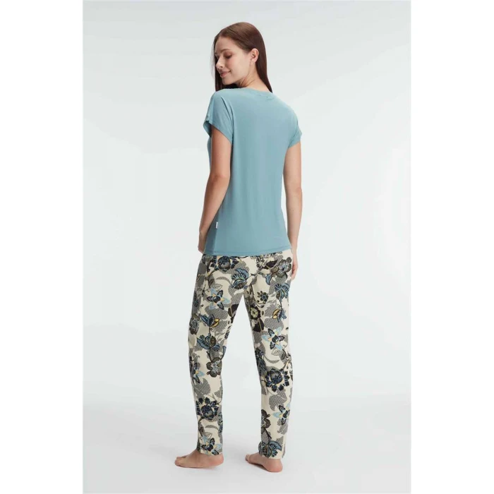 Kısa Kol Bisiklet Yaka Kadın Çiçek Desenli Yazlık Transparan Tül Detaylı Pijama Takımı