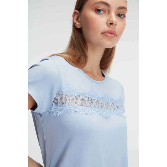 Kısa Kol Bisiklet Yaka Kadın Viskon Çiçek Desenli Yazlık Örme Dantel Detaylı Pijama Takımı