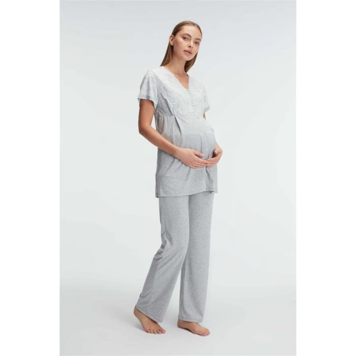 Kısa Kol V Yaka Kadın Polyester Elastan  Yazlık Örme Dantel Detaylı Hamile Pijama Takımı