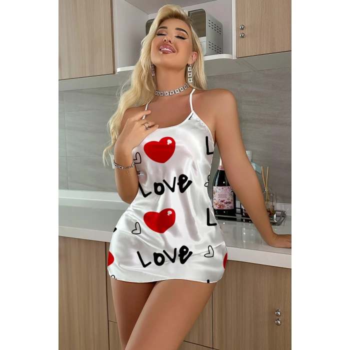 Love Desenli Beyaz Saten Gecelik