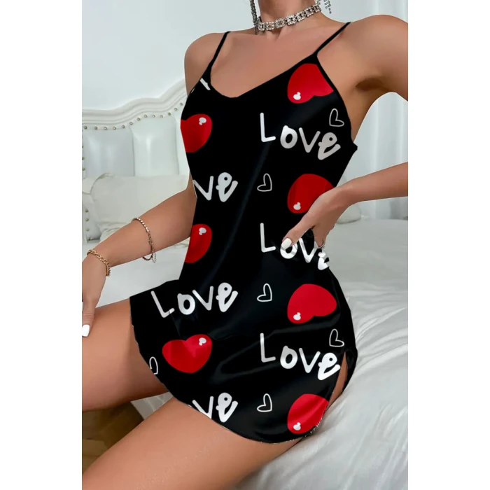 Love Desenli Saten Gecelik