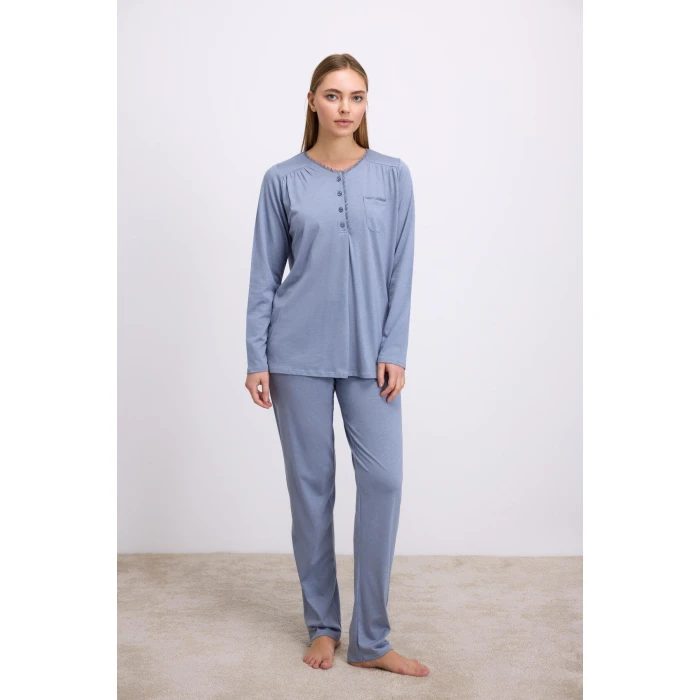 Modal Pamuklu Uzun Kollu Düğmeli 2li Pijama Takımı