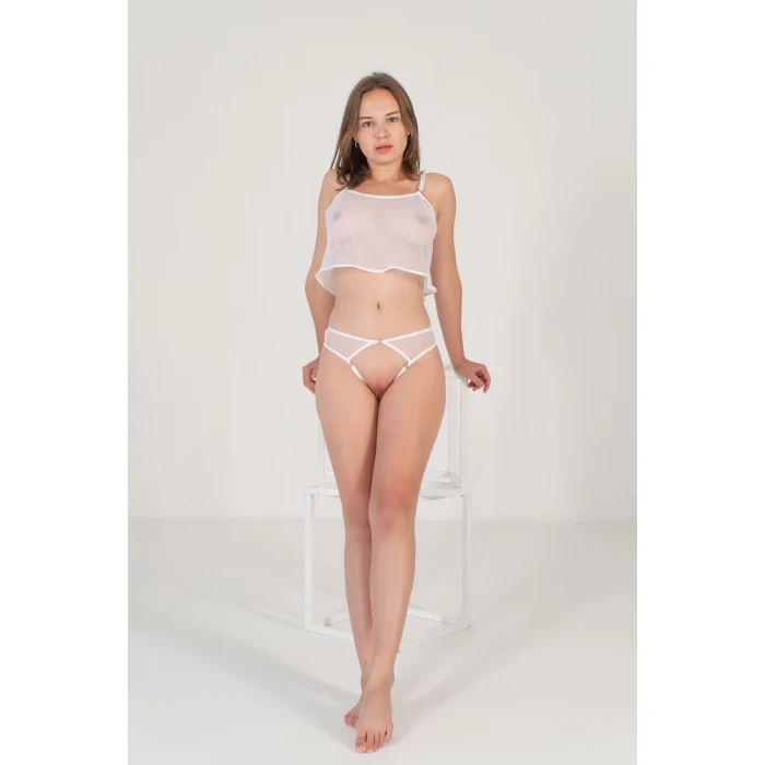 Özel Bölgesi Açık Beyaz Tül Fantezi Sütyen Takımı Brf1294