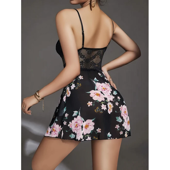 Özel Tasarım Çiçek Desenli Dantel İşlemeli Şık Göğüs Dekolteli Siyah Saten Gecelik