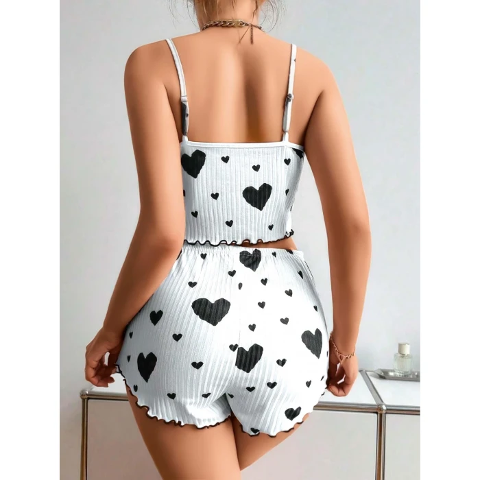 Pamuklu Beyaz Üstüne Siyah Kalp Desen Fitilli Askılı Şortlu Pijama Takımı