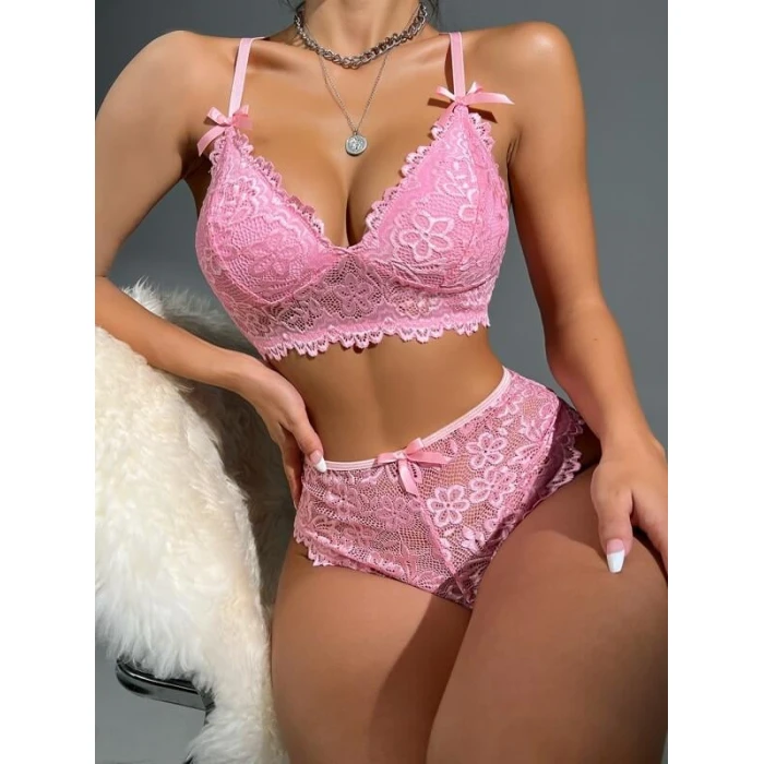 Pembe Dantelli Fantezi Bralet Sütyen Takımı