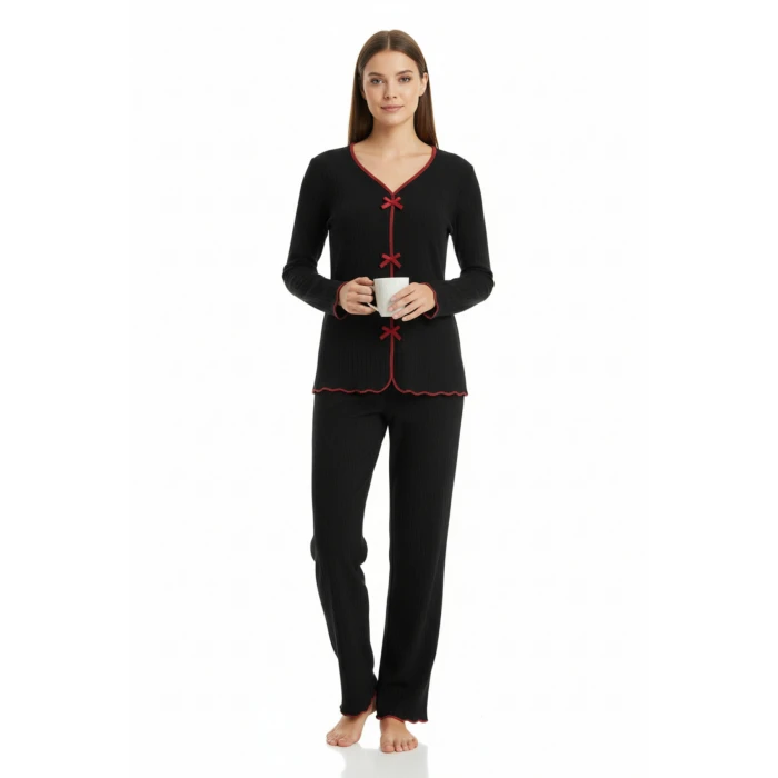 Premium Kadın 4’lü Fitilli Set – Siyah Kırmızı Biyeli (Pijama Üst, Pantolon, Bikini Takımı)