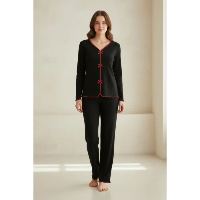 Premium Kadın 4’lü Fitilli Set – Siyah Kırmızı Biyeli (Pijama Üst, Pantolon, Bikini Takımı)