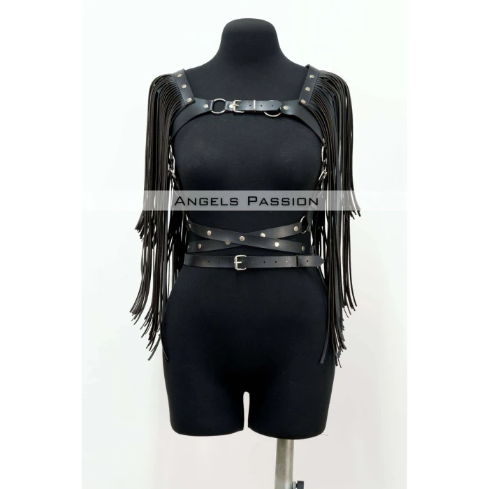 Püskül Detaylı Deri Göğüs Harness, Deri Harness Püsküllü Ceket - Brf999