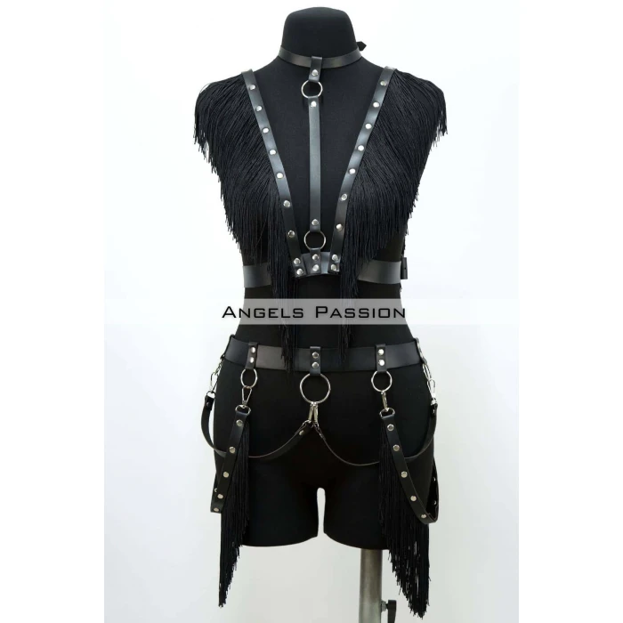 Püslüllü Deri Harness Takım, Püsküllü Elbise Aksesuarı - Brf768