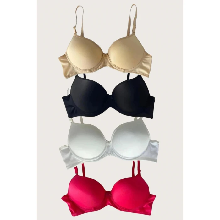 Siyah-beyaz-kırmızı-ten 4lü Dolgulu Push Up Micro Balenli Günlük Tek Destekli Sütyen