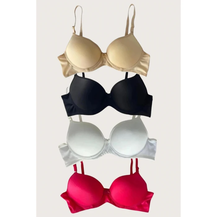 Siyah-beyaz-kırmızı-ten 4lü Dolgulu Push Up Micro Balenli Günlük Tek Destekli Sütyen