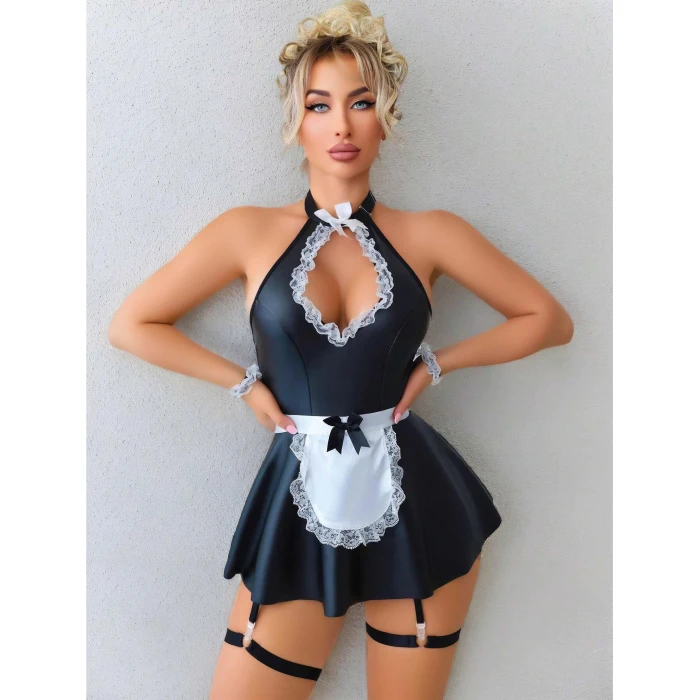 Siyah Göğüs Dekolteli Boyundan Bağlamalı Mini Etekli Fantezi Deri Hizmetçi Kostümü