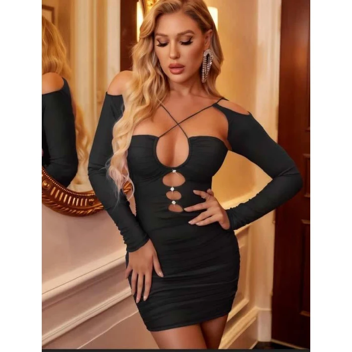 Siyah Göğüs Dekolteli İp Detaylı Mini Club Elbisesi