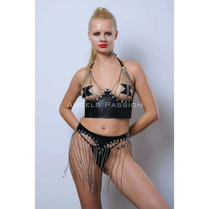 Zincirli Büstiyer Etek Takım, Şık Deri Etek Ve Büstiyer - Brf994