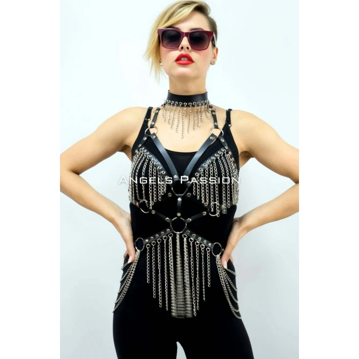 Zincirli Deri Harness, Deri Dansçı Kostüm, Choker Detaylı Deri Harness - Brf1397